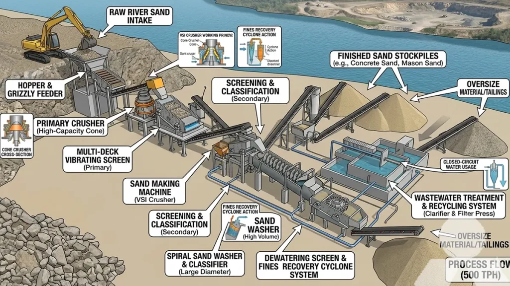 500-1000ton per hour river sand production line vsi6x impact crusher layout
