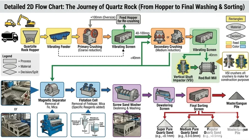 Process flow diagram affecting the beneficiation quartz crushing plant invest cost