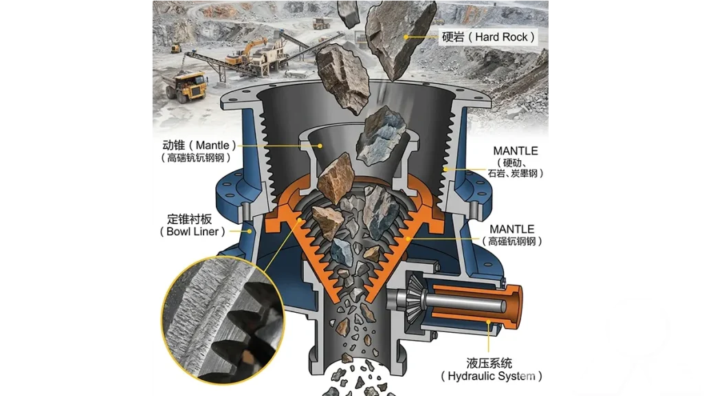 hydraulic cone crusher mantle and bowl liner for hard rock