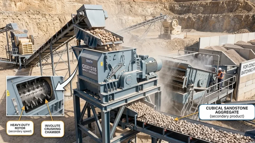 CI5X1315 Impact Crusher operating in a secondary configuration, processing sandstone to generate cubical aggregates for concrete batching.