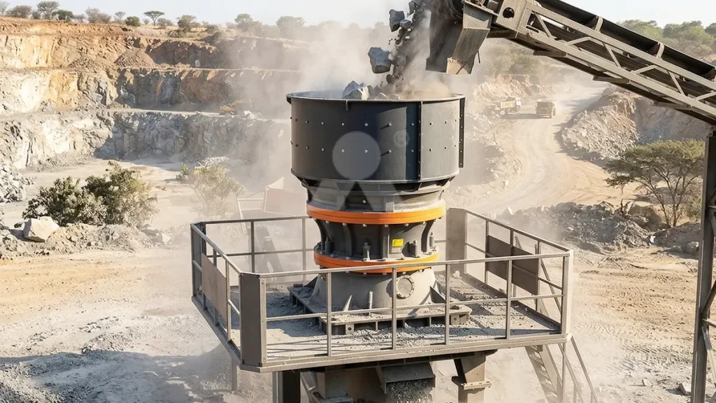 HST315 single-cylinder cone crusher operating in a dusty Harare quarry, utilizing compressive physics to break 190 MPa granite without extreme wear.