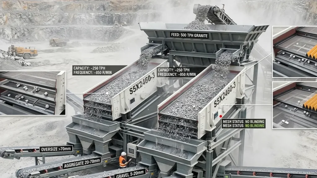 Dual S5X2460-3 vibrating screens operating in parallel to grade 500 TPH of abrasive granite without blinding the mesh.