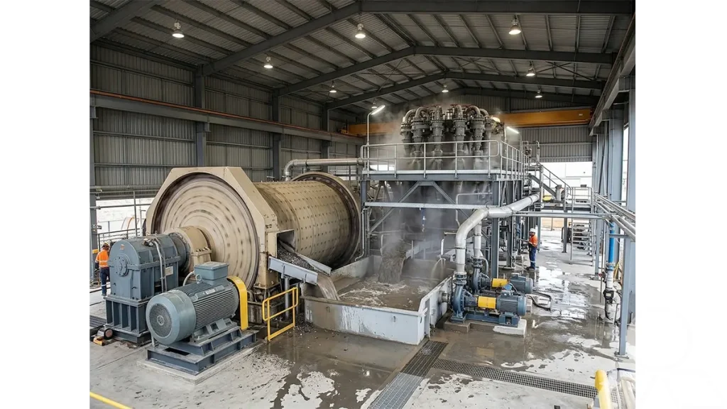A wide angle shot of a fully installed ball mill circuit inside an industrial shelter, showing the hydrocyclone classification battery operating in a wet environment.