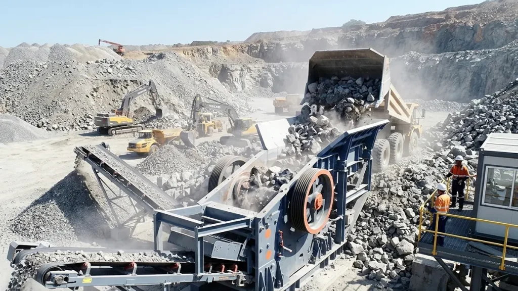 C6X100 jaw crusher displaying optimal feed distribution and cavity utilization in a hard rock quarry environment.