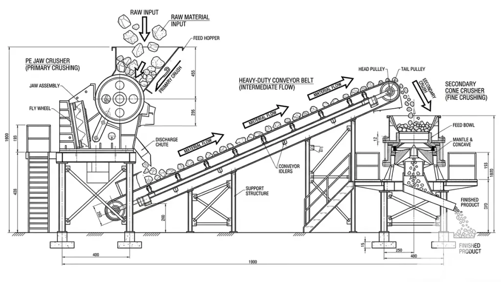 high-contrast structural schematic of a PE jaw crusher feeding a secondary cone crusher via heavy-duty conveyor belts, annotated with material flow arrows