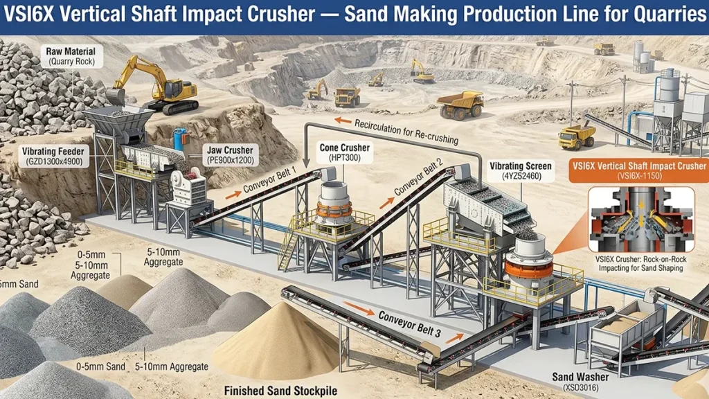 VSI6X Vertical Shaft Impact Crusher — Sand Making Production Line for Quarries: Vibrating Feeder + Jaw Crusher + Cone Crusher + Vibrating Screen