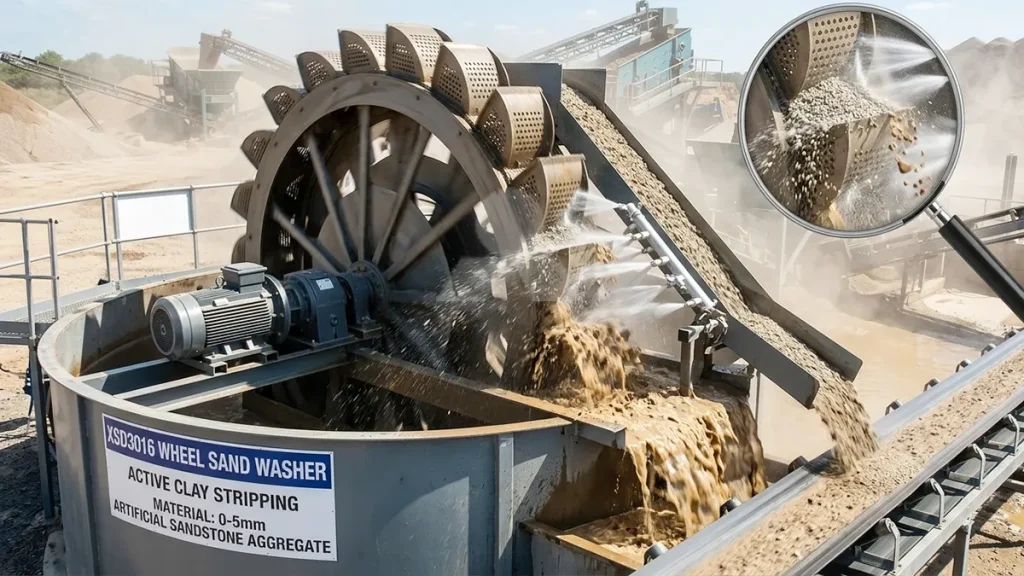 XSD3016 wheel sand washer actively stripping clay inclusions from 0-5mm artificial sandstone aggregates.