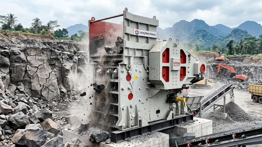 C6X125 Jaw Crusher operating in a West Java basalt quarry, demonstrating heavy cast-steel frame resistance to 220 MPa kinetic shock.
