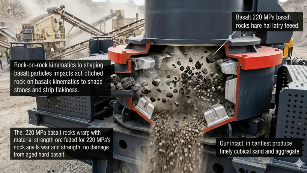 VSI6X1150 Sand Maker utilizing rock-on-rock kinematics to strip flakiness from 220 MPa basalt without destroying metallic anvils.