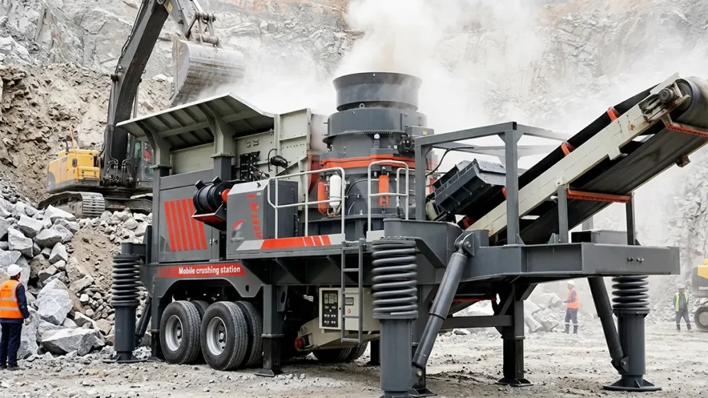 Visible kinetic vibration isolation on the NK300H hydraulic support legs while the HPT300 cone processes 220MPa granite
