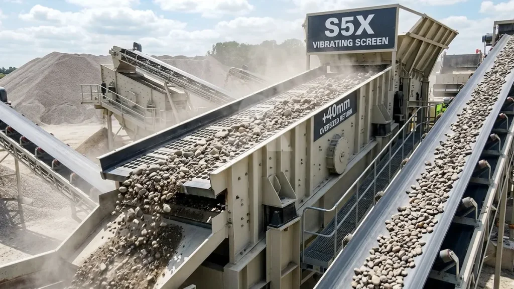 A massive S5X vibrating screen actively rejecting +40mm oversized pebbles and routing them onto a return conveyor in a closed-circuit system.