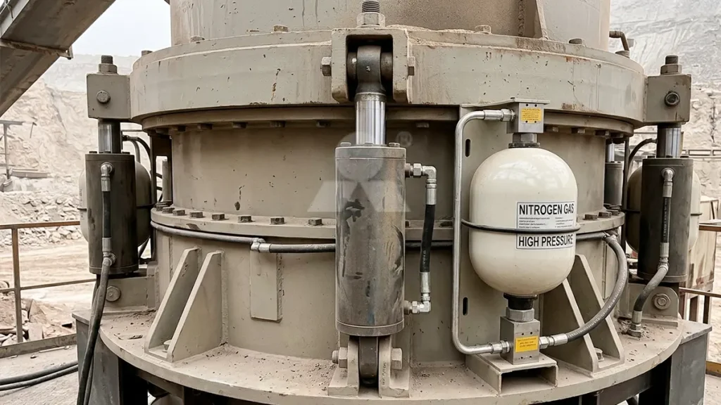 Close-up of the robust hydraulic cylinder and nitrogen accumulator system on an HPT cone crusher, replacing legacy mechanical springs.