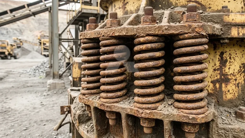 Severely rusted and fatigued mechanical coil springs on a legacy Symons cone crusher failing to maintain bowl tension.
