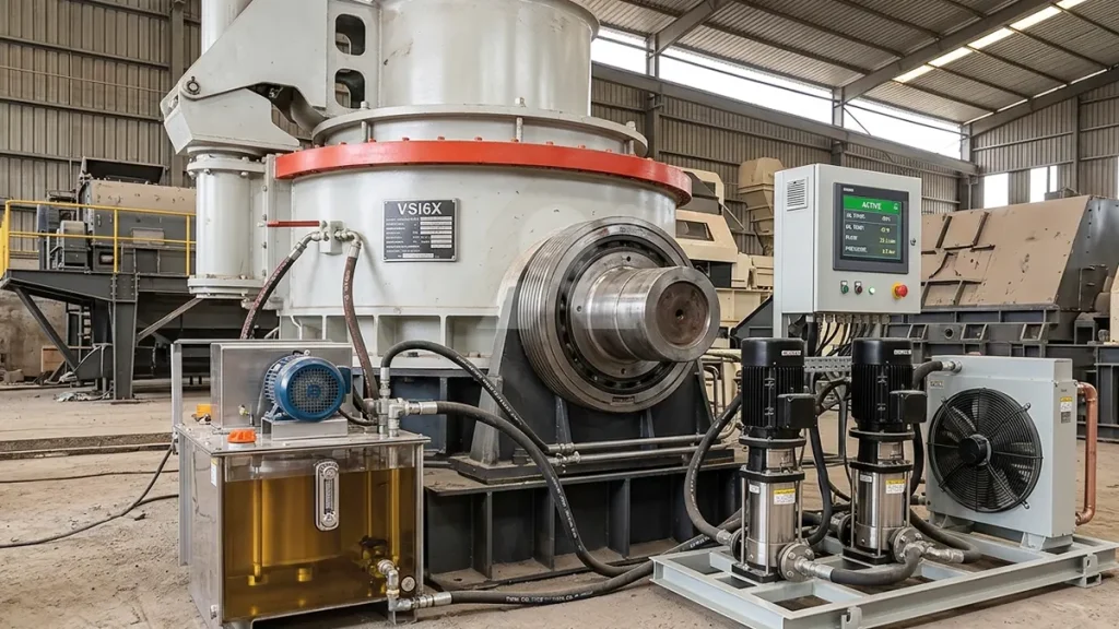 A high-tech dual-pump thin oil lubrication station actively monitoring and cooling the main bearing assembly of a VSI6X crusher.