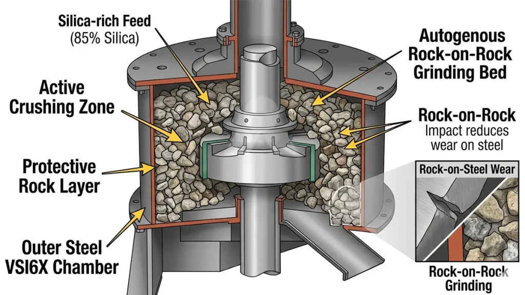 Internal view of the VSI6X crushing chamber demonstrating the autogenous rock-on-rock grinding bed that protects the outer steel from 85% silica abrasion.