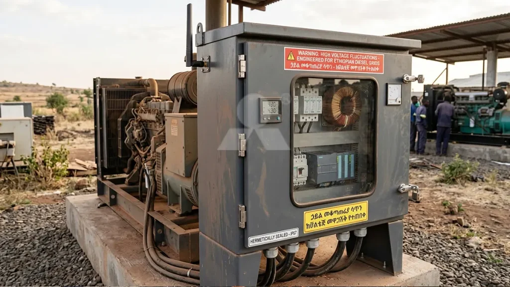 A heavy-duty, hermetically sealed PLC control cabinet specifically engineered to survive the violent voltage fluctuations of Ethiopian diesel generator grids.