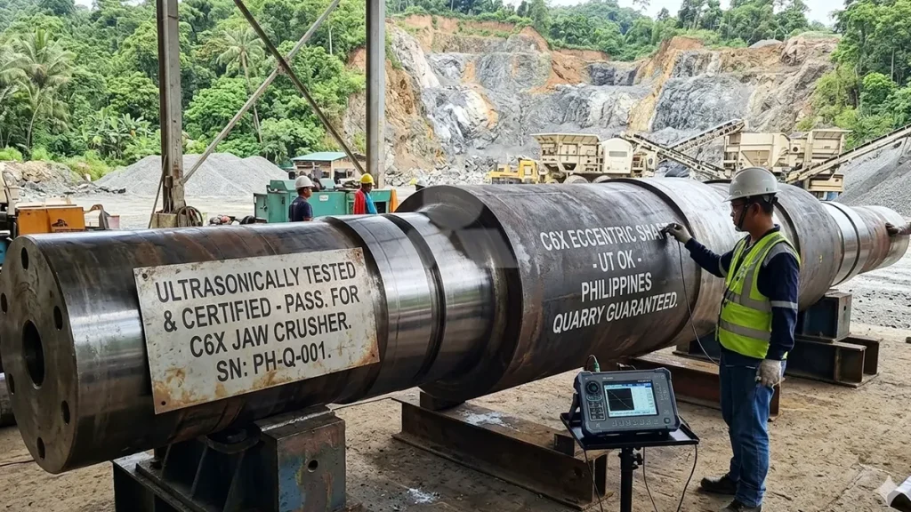 A massive forged alloy steel eccentric shaft for a C6X jaw crusher, ultrasonically tested to guarantee survival in remote Philippine quarry operations.