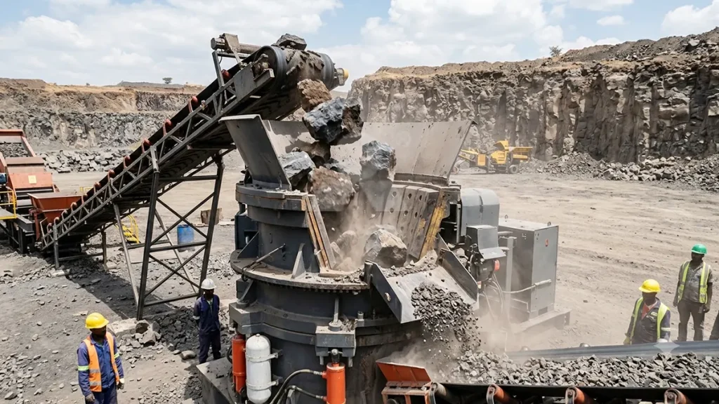 A heavy-duty HPT multi-cylinder cone crusher actively processing highly abrasive 200MPa basalt in an Ethiopian quarry, demonstrating extreme wear resistance.