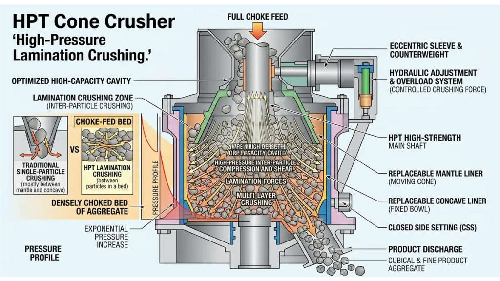 Cross-sectional schematic of an HPT cone crusher demonstrating a densely choked bed of aggregate undergoing high-pressure lamination crushing.