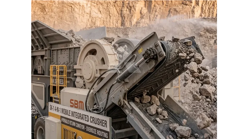 Close up of a hydraulic folding return conveyor on an NK series mobile plant, aggressively routing oversized aggregate back into the impact chamber.