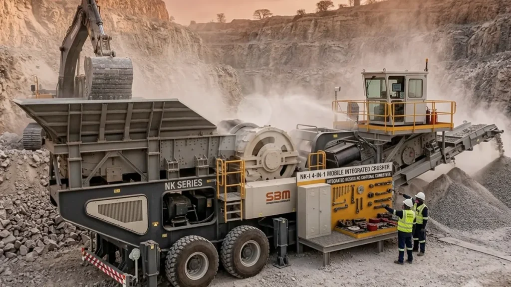 A highly integrated 4-in-1 NK series mobile impact crusher operating in a confined limestone quarry, demonstrating the elimination of external transfer conveyors.