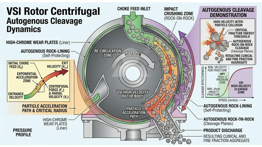High-velocity particle trajectory inside a VSI rotor, demonstrating the centrifugal acceleration required to induce autogenous rock-on-rock cleavage.