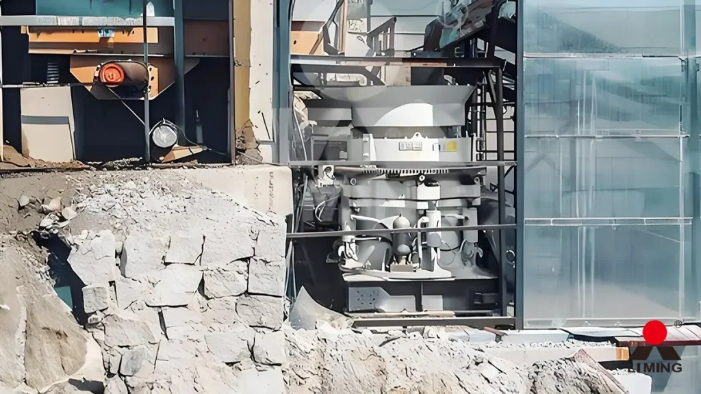 Forensic cross-section of an HPT300 cone crusher chamber executing laminated crushing on 200MPa basalt, producing 25-60mm railway ballast without inducing internal micro-cracks