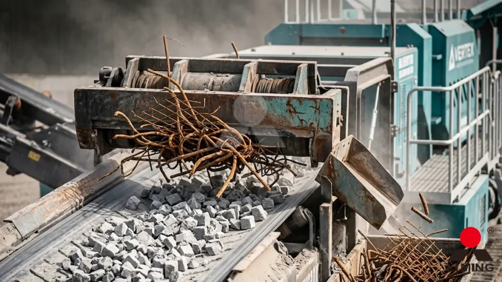 Overband magnetic separator pulling rusty rebar from crushed concrete on a discharge conveyor belt" title="Overband Magnet Extracting Steel from Recycled Concrete
