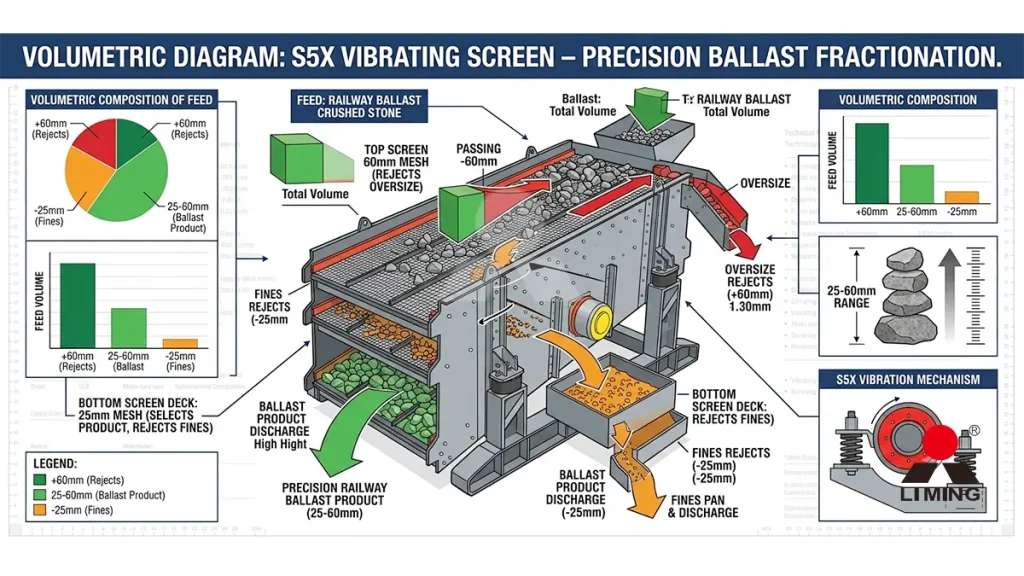 Volumetric diagram of the S5X vibrating screen capturing the precise 25-60mm railway ballast fraction while rejecting the -25mm fines