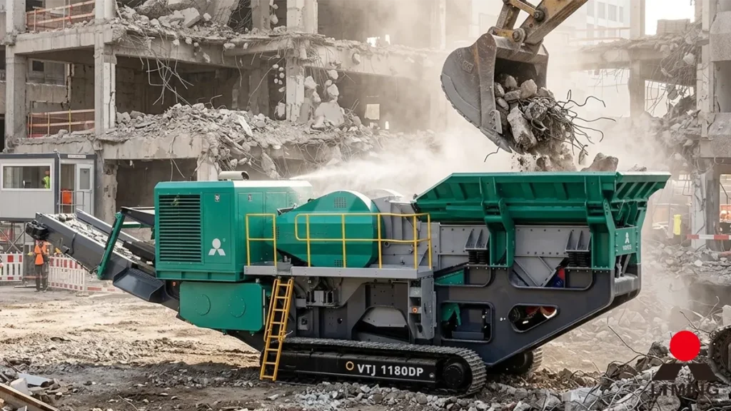 A rugged tracked mobile impact crusher processing heavy concrete rubble on an urban demolition site