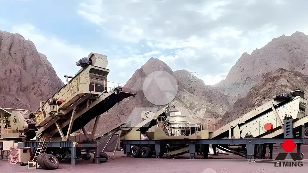 Complete multi-stage wheeled mobile crushing and screening plant operating in a quarry