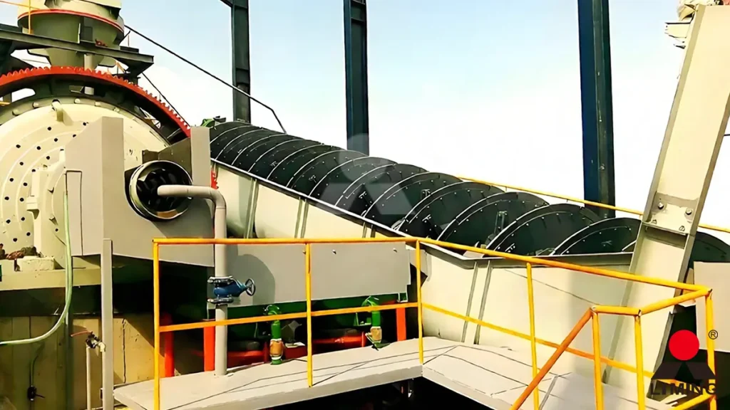 Heavy duty overflow ball mill and spiral classifier operating in a closed grinding circuit