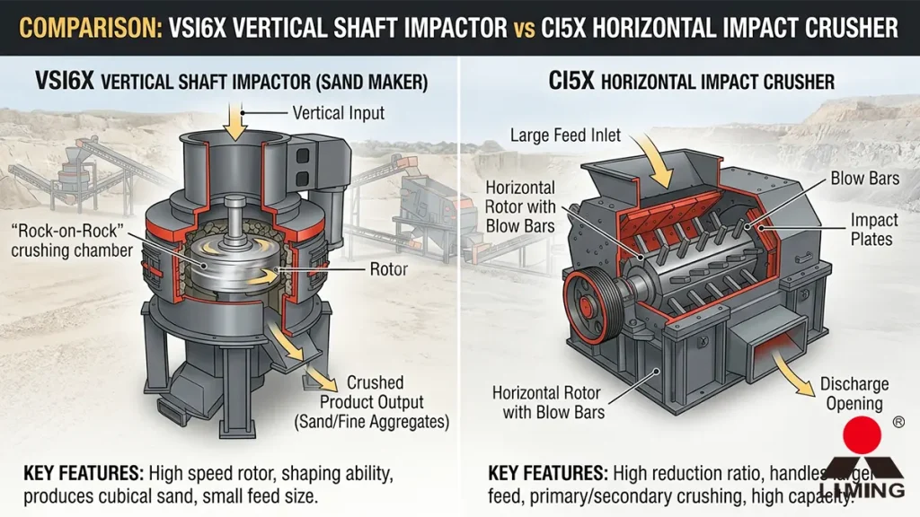 Comparison between a VSI6X vertical shaft impactor and a CI5X horizontal impact crusher