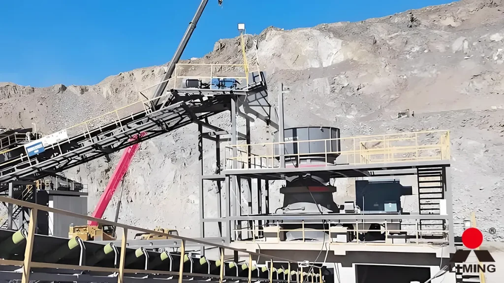 A massive 1000 TPH granite crushing production line operating in a mountain quarry